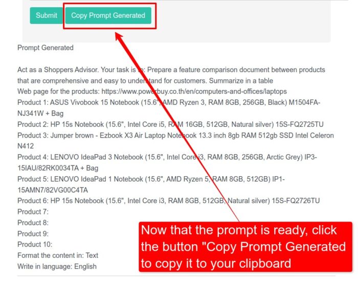 FREE Chat GPT Prompt Generator Phuket Web Design Product features comparison prompt ready to be copied on clipboard